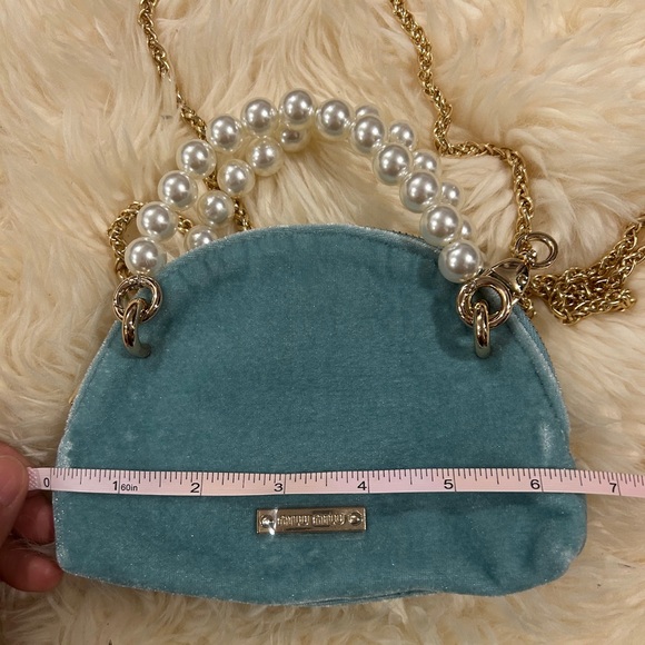 Miu Miu blue mini velvet pouch with pearl handle & Crossbody chain - Picture 11 of 13